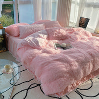 HKM-161811 Milk Fiber Coral Velvet Winter Bed Set - Four-Piece Plush Fleece-Lined Quilt Cover with Bed Skirt