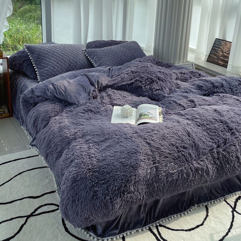 HKM-161811 Milk Fiber Coral Velvet Winter Bed Set - Four-Piece Plush Fleece-Lined Quilt Cover with Bed Skirt