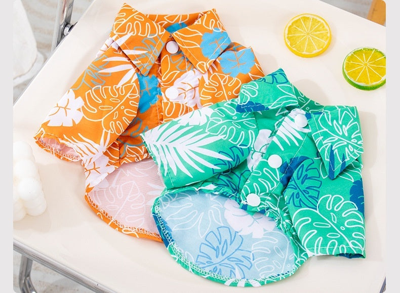 HKM-162067 Pet Beach Leaf Shirt for Dogs - Casual Orange & Green Polyester Outfit in XS to XL