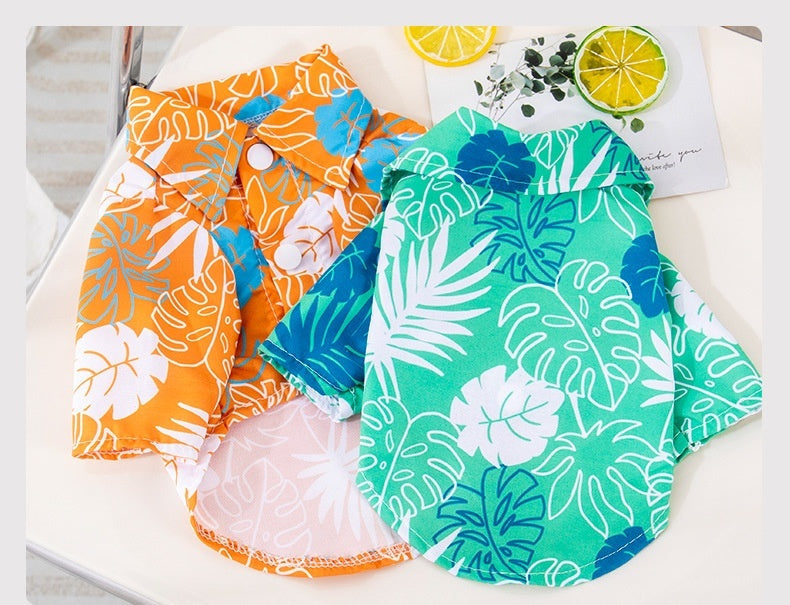 HKM-162067 Pet Beach Leaf Shirt for Dogs - Casual Orange & Green Polyester Outfit in XS to XL