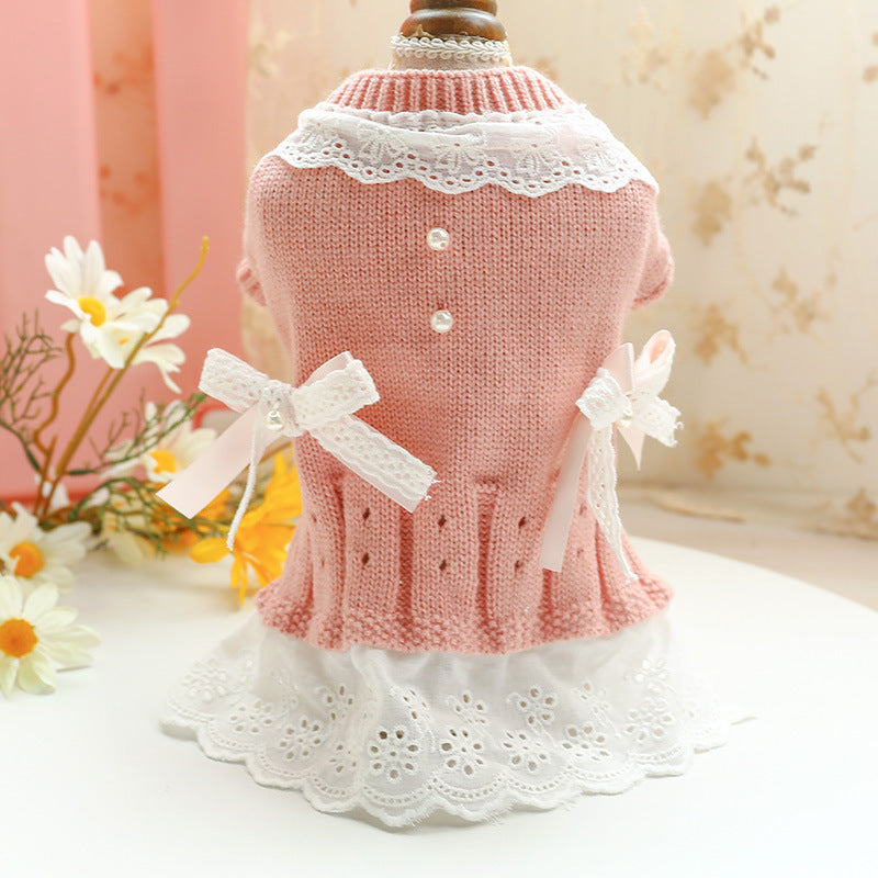 HKM-163219 Warm Wooden Bowknot Sweater and Skirt Set for Dogs and Cats in Multiple Colors