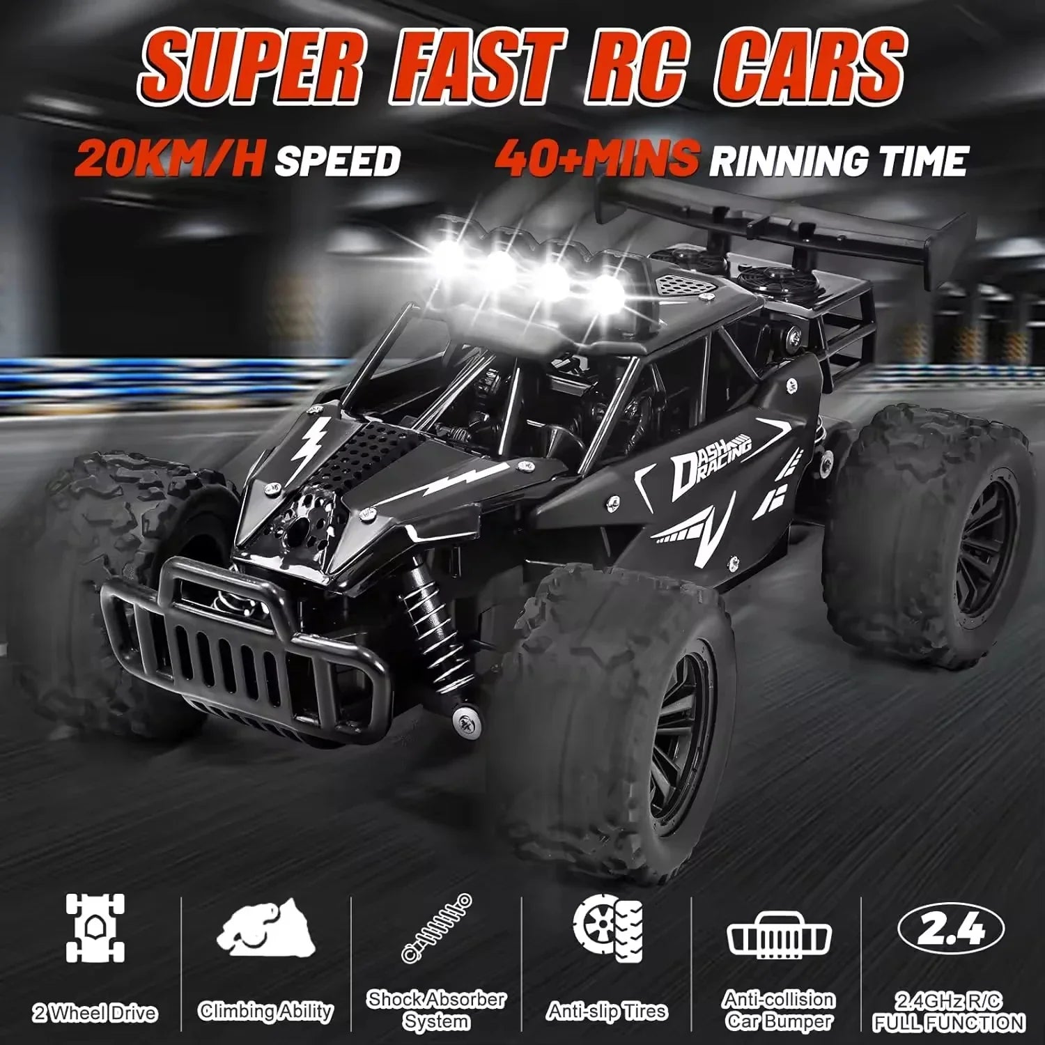 HKM-163603 High-Speed 1:16 Remote Control Car with LED Headlight, 20KM/H – Indoor/Outdoor Use