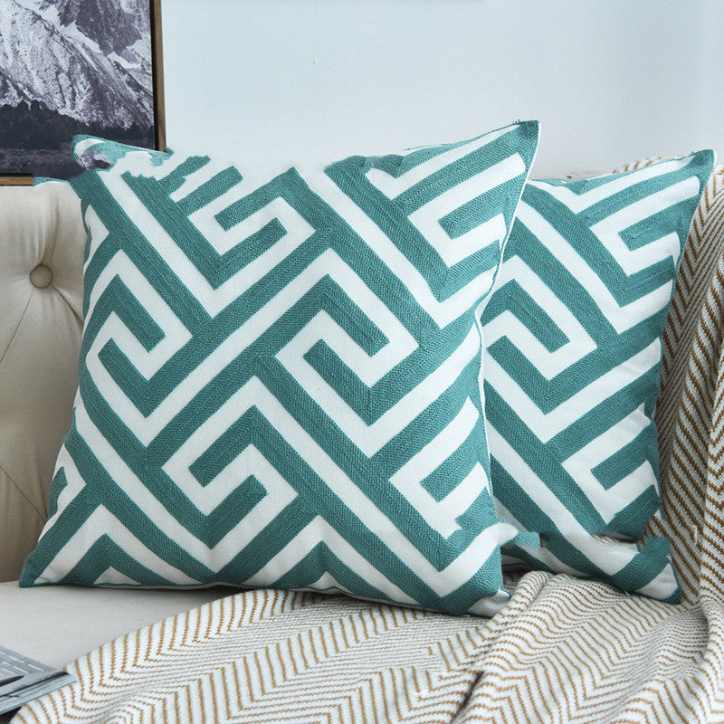 HKM-163603 Lake Water Green Cotton Canvas Geometric Wool Embroidery Pillowcase 45x45cm