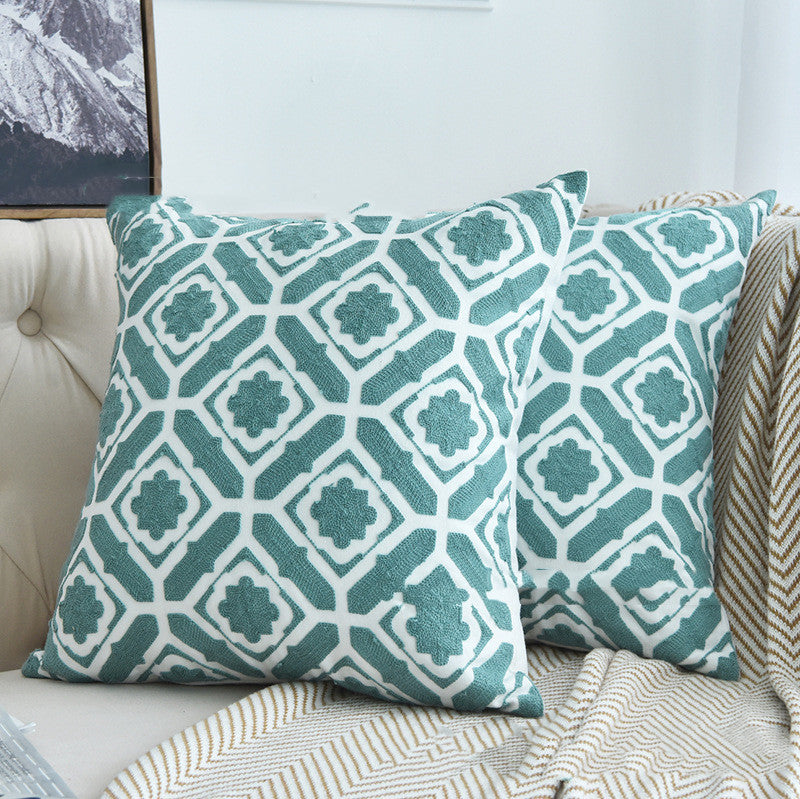 HKM-163603 Lake Water Green Cotton Canvas Geometric Wool Embroidery Pillowcase 45x45cm