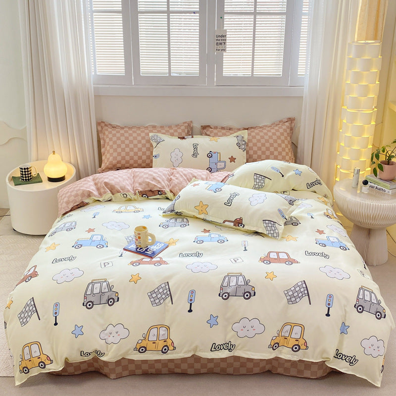 HKM-163795 Aloe Cotton Four-Piece Bedding Set with Floral and Plant Pattern, Multiple Sizes Available