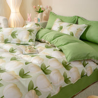 HKM-163795 Aloe Cotton Four-Piece Bedding Set with Floral and Plant Pattern, Multiple Sizes Available