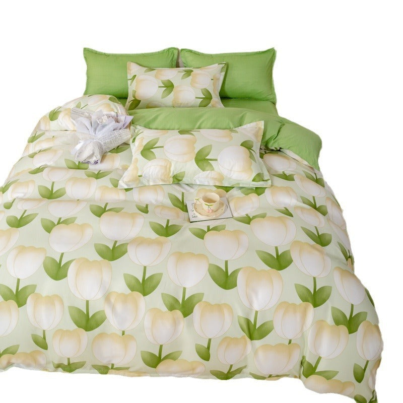 HKM-163795 Aloe Cotton Four-Piece Bedding Set with Floral and Plant Pattern, Multiple Sizes Available