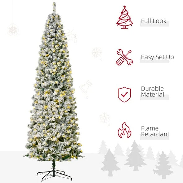 HKM-163923 9ft Snow-Flocked Slim Douglas Fir Artificial Christmas Tree with 550 LED Lights and 988 Realistic Branch Tips