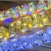 HKM-164243 Battery-Powered LED Christmas Light String with Silver, Gold, and Red Silk Decorations, Available in Multiple Lengths