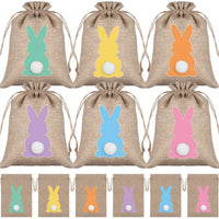 HKM-164627 Easter Burlap Gift Bags - 24pc Drawstring Rabbit Candy Treat Sacks for Party Favors