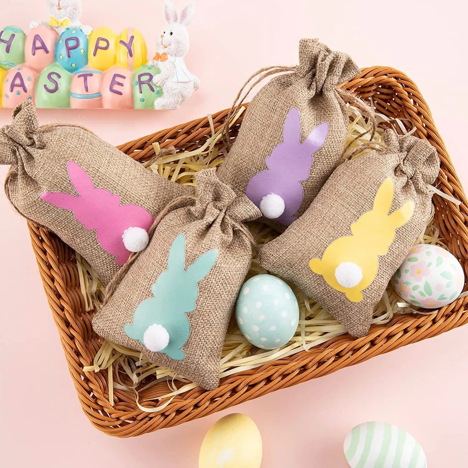 HKM-164627 Easter Burlap Gift Bags - 24pc Drawstring Rabbit Candy Treat Sacks for Party Favors