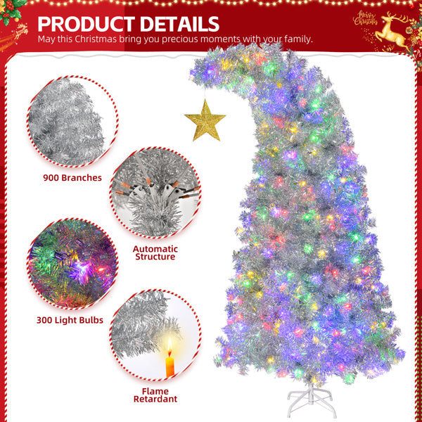 HKM-164755 6 FT Silver Bent Top Pre-lit Christmas Tree with 300 LED Lights and 900 Branch Tips