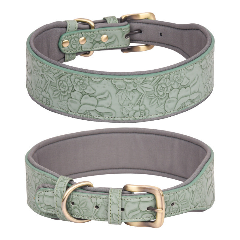 HKM-165651 Soft Cotton Polyester Embossed Leather Dog Collar - Green, Light Brown, Red, Black, Blue