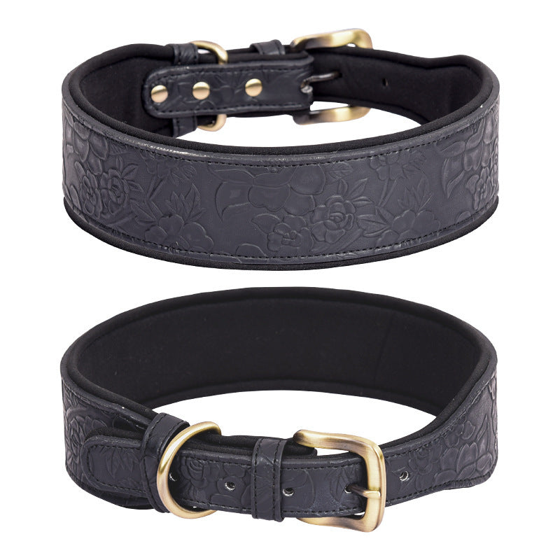 HKM-165651 Soft Cotton Polyester Embossed Leather Dog Collar - Green, Light Brown, Red, Black, Blue