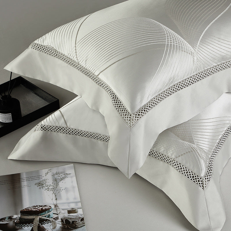 HKM-166099 High Precision Four-piece Jacquard Cotton Bedding Set with Floral Design in Solid Colors