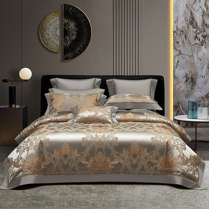 HKM-166099 High Precision Four-piece Jacquard Cotton Bedding Set with Floral Design in Solid Colors