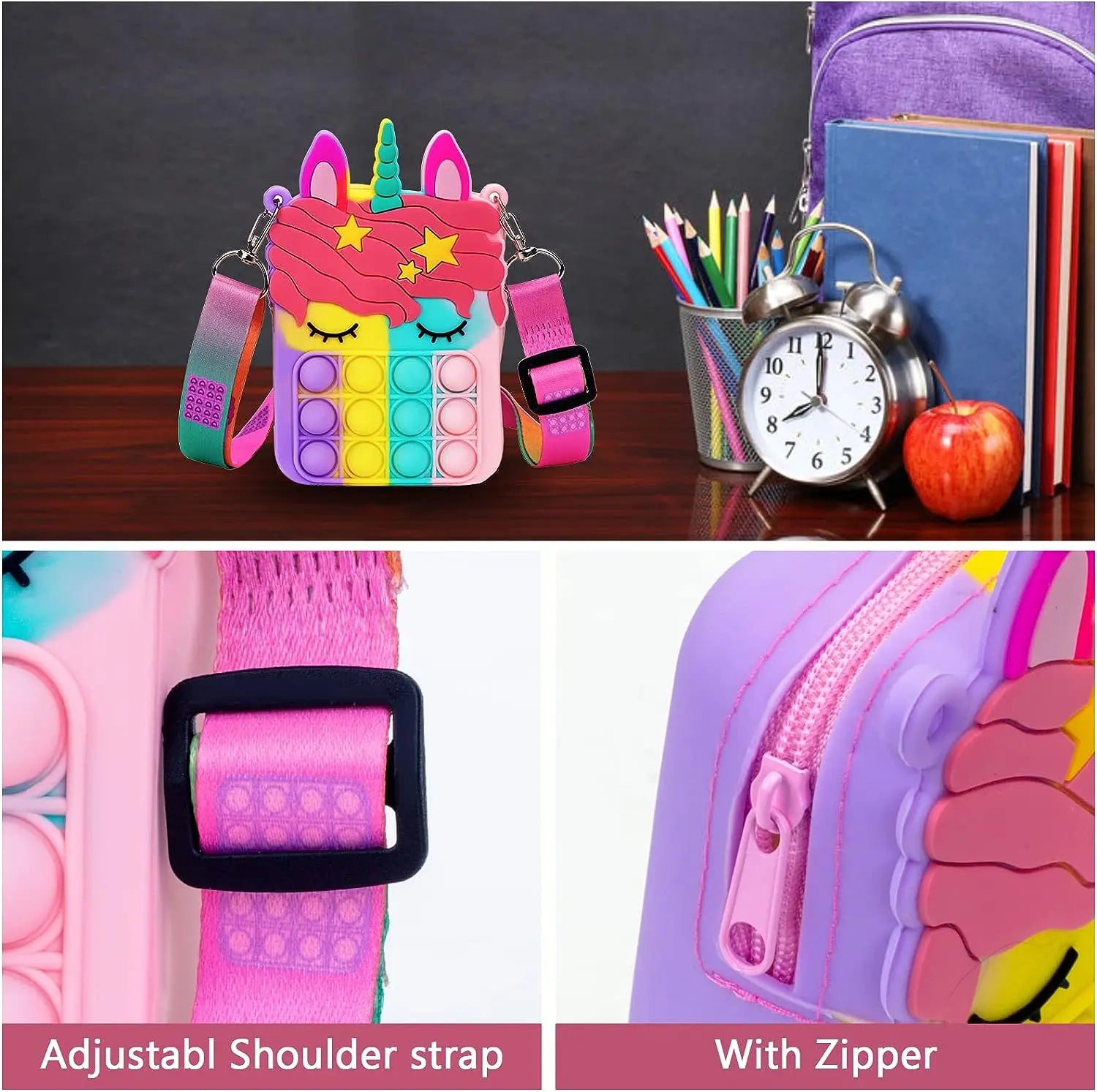 HKM-166739 Unicorn Pop It Silicone Kids School Bag Fidget Toy - Stylish & Fun for Girls