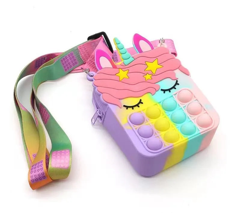 HKM-166739 Unicorn Pop It Silicone Kids School Bag Fidget Toy - Stylish & Fun for Girls