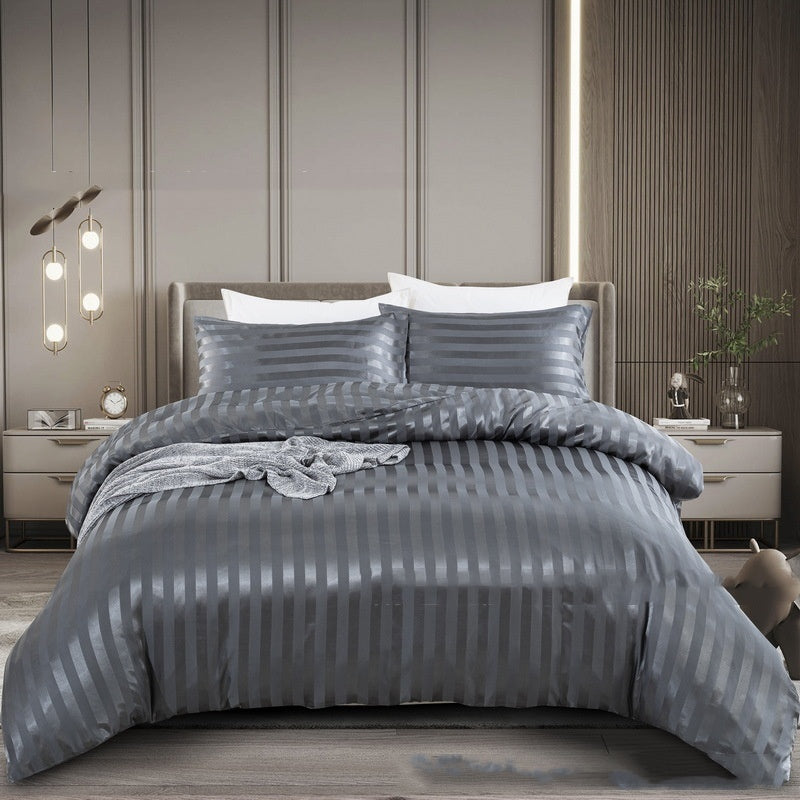 HKM-166931 Satin Stripe Bedding Set - Three-Piece & Four-Piece Options with Pillowcases and Duvet Cover