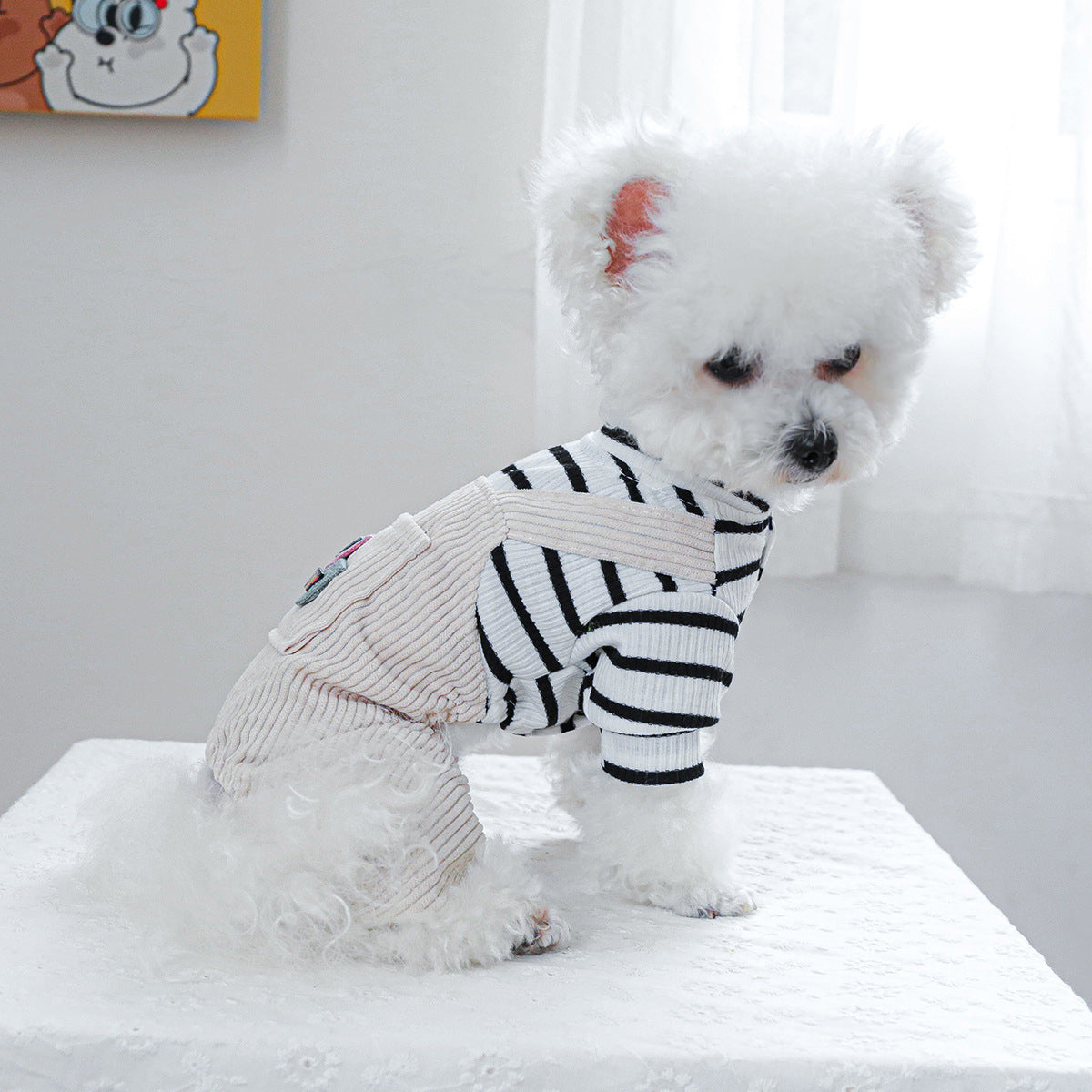 HKM-167827 Black and White Striped Pocket Overalls for Pets - Casual Style in XS to XL Sizes