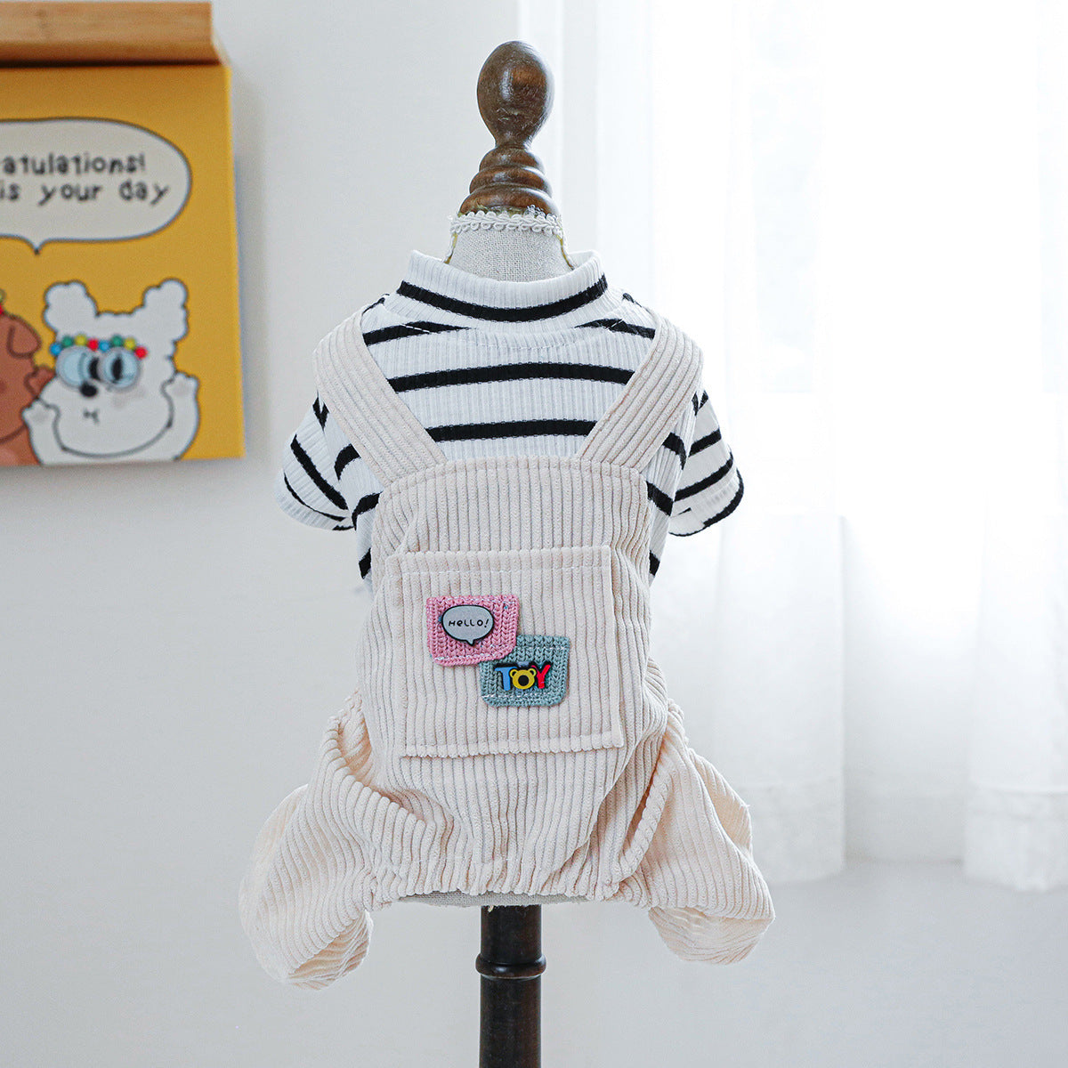 HKM-167827 Black and White Striped Pocket Overalls for Pets - Casual Style in XS to XL Sizes