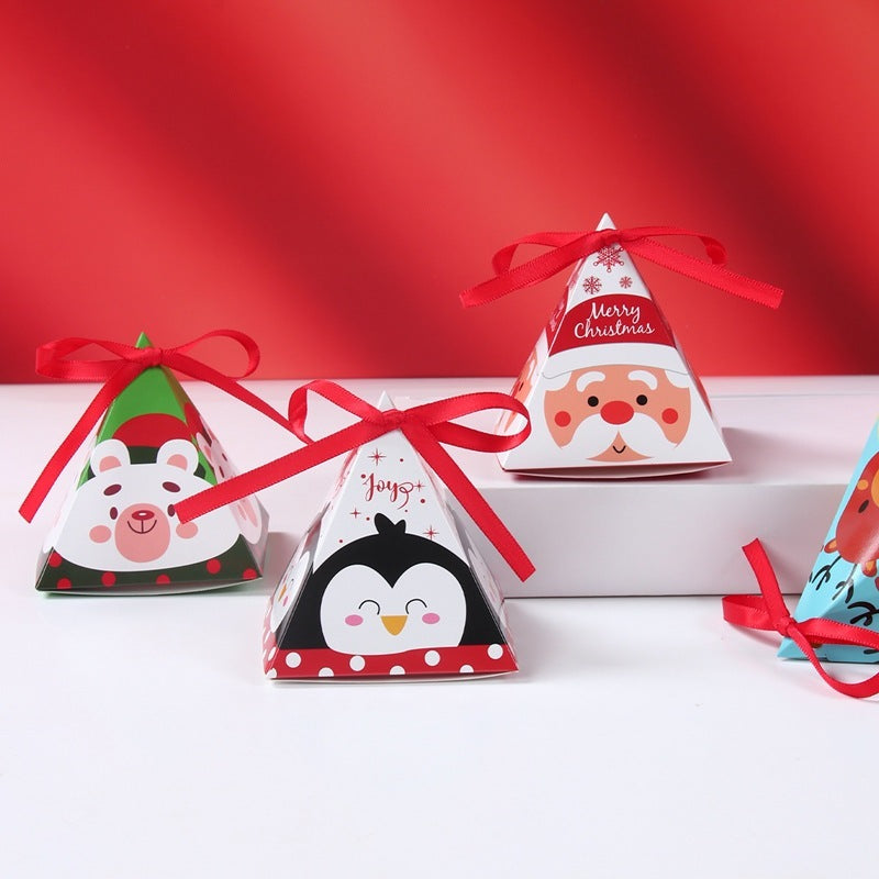HKM-167891 Christmas Triangle Candy Box Set with Ribbons - Festive Gift Packaging for Parties and Weddings