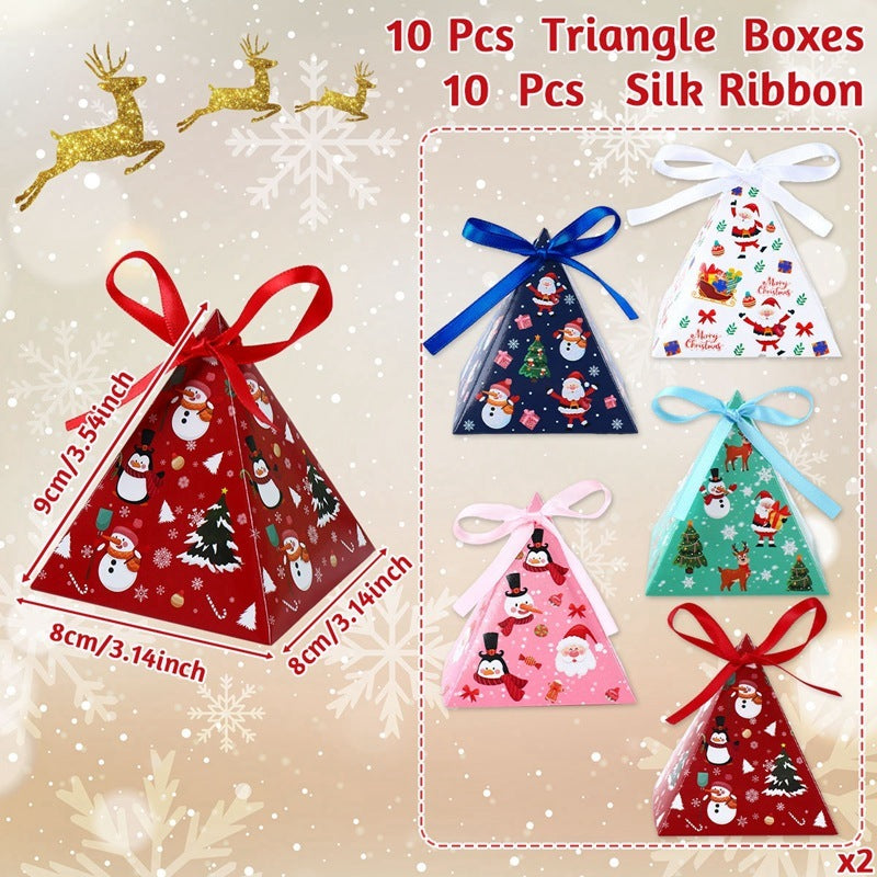 HKM-167891 Christmas Triangle Candy Box Set with Ribbons - Festive Gift Packaging for Parties and Weddings