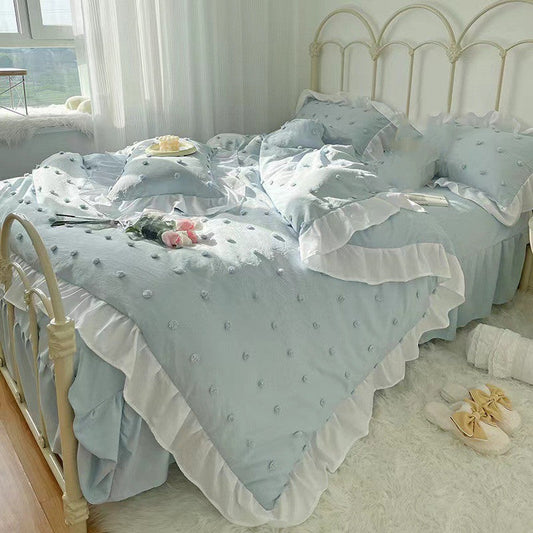 HKM-168083 Korean Style Cute Four-Piece Bedding Set with Decorative Lace and Soft Brushed Fabric