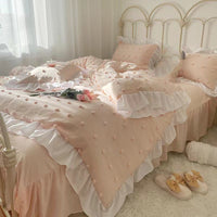 HKM-168083 Korean Style Cute Four-Piece Bedding Set with Decorative Lace and Soft Brushed Fabric