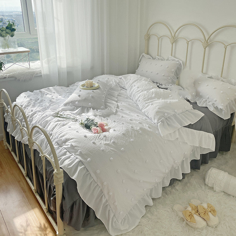 HKM-168083 Korean Style Cute Four-Piece Bedding Set with Decorative Lace and Soft Brushed Fabric