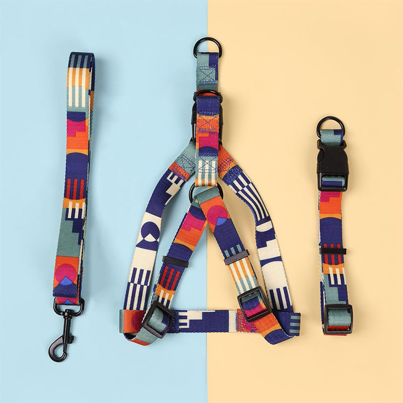 HKM-168275 Pink and Blue Pet Leash and Collar Set with Chest Harness - Three-Piece Collection