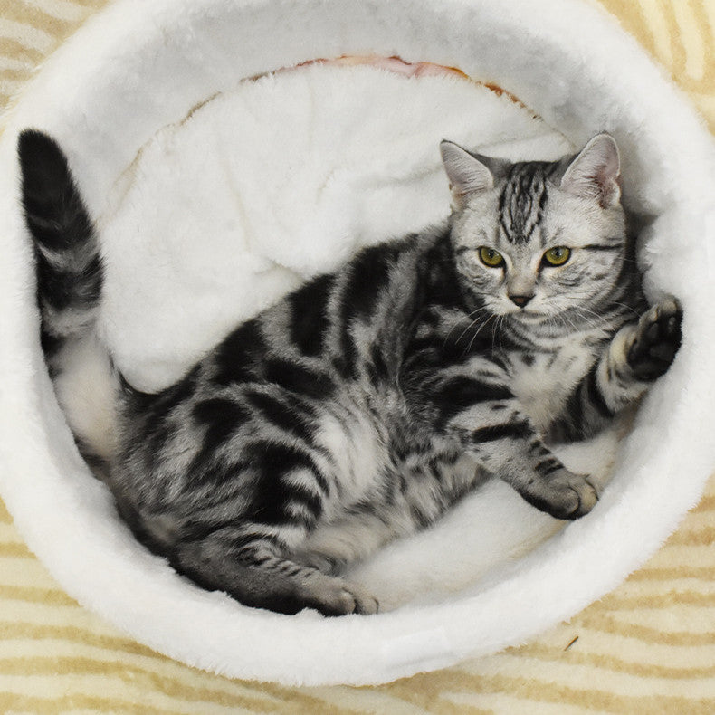 HKM-168531 Cozy Semi-Enclosed Plush Velvet Pet Nest in Milk Tea and Ramen Colors