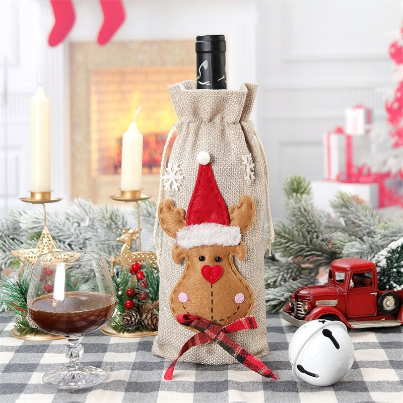 HKM-169683 Christmas Holiday Decorations Linen Wine Bottle Bags - Santa Claus, Snowman, Reindeer, and Christmas Themes