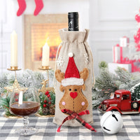 HKM-169683 Christmas Holiday Decorations Linen Wine Bottle Bags - Santa Claus, Snowman, Reindeer, and Christmas Themes
