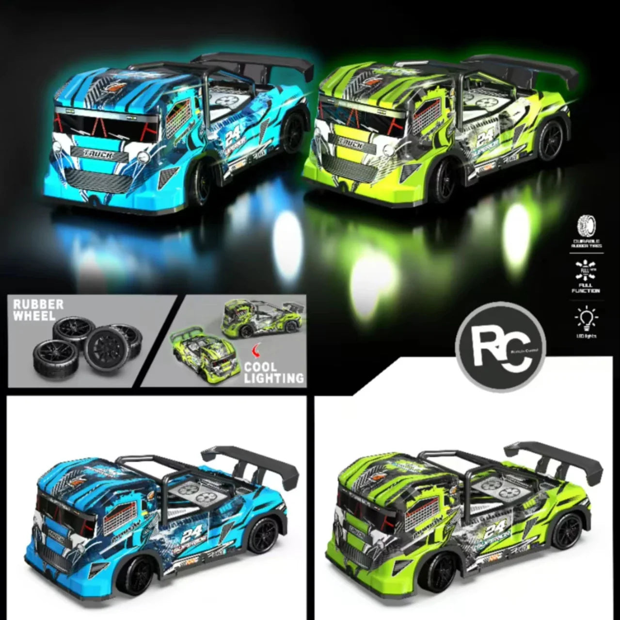 HKM-170387 1/24 Scale Remote Control Stunt Truck with Lights - 4 Channel Off-Road Racing Car for Kids