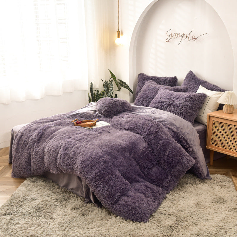 HKM-170387 Mink Velvet Four Piece Set - Long Plush Crystal Velvet Duvet Cover with Pillowcases in Modern Solid Colors