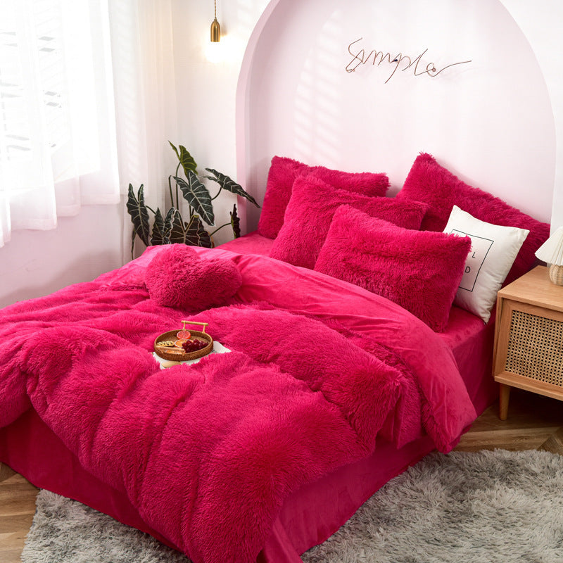 HKM-170387 Mink Velvet Four Piece Set - Long Plush Crystal Velvet Duvet Cover with Pillowcases in Modern Solid Colors