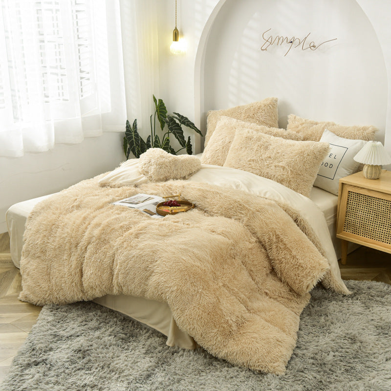 HKM-170387 Mink Velvet Four Piece Set - Long Plush Crystal Velvet Duvet Cover with Pillowcases in Modern Solid Colors