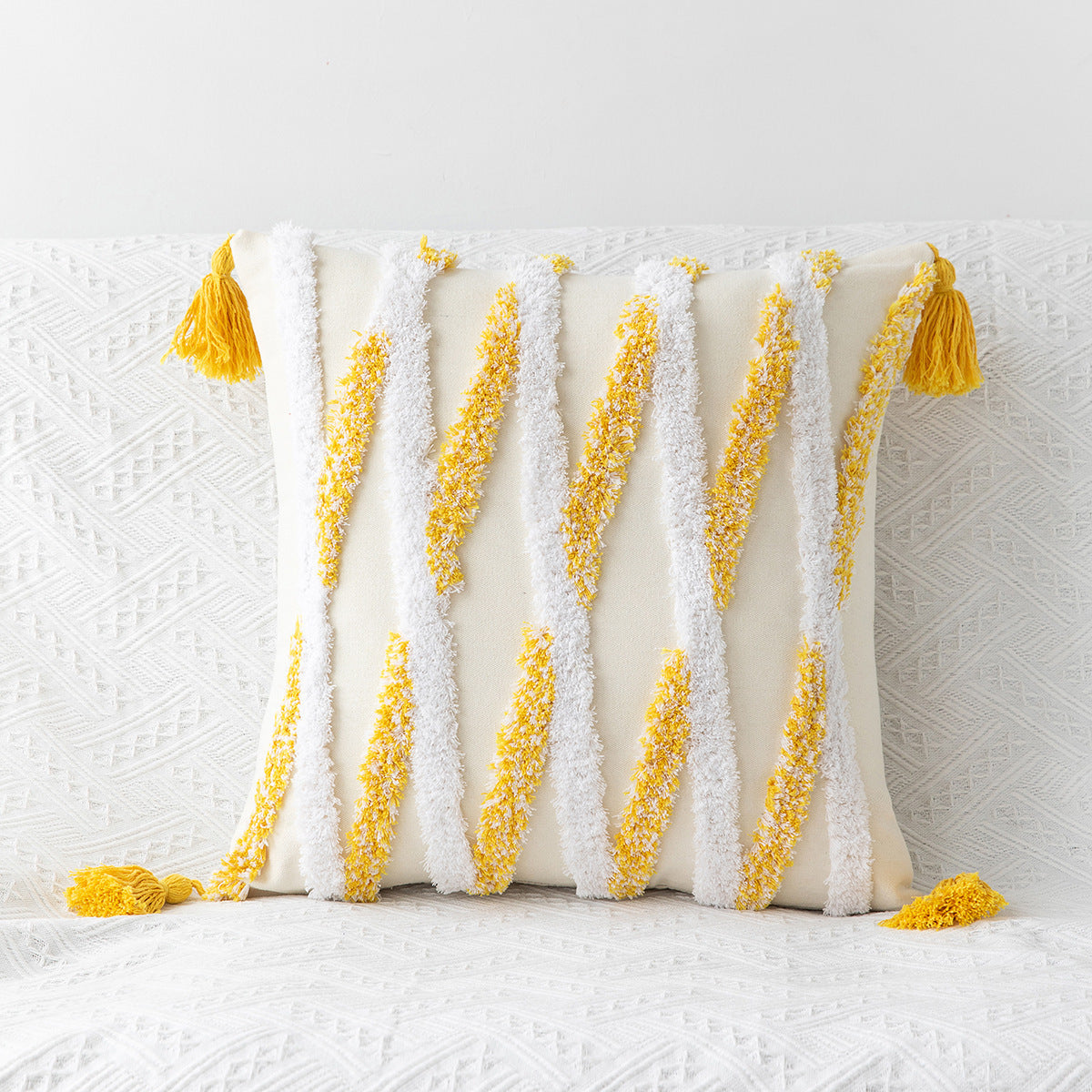 HKM-170771 Bohemian Geometric Tufted Pillowcase with Embroidery and Tassels