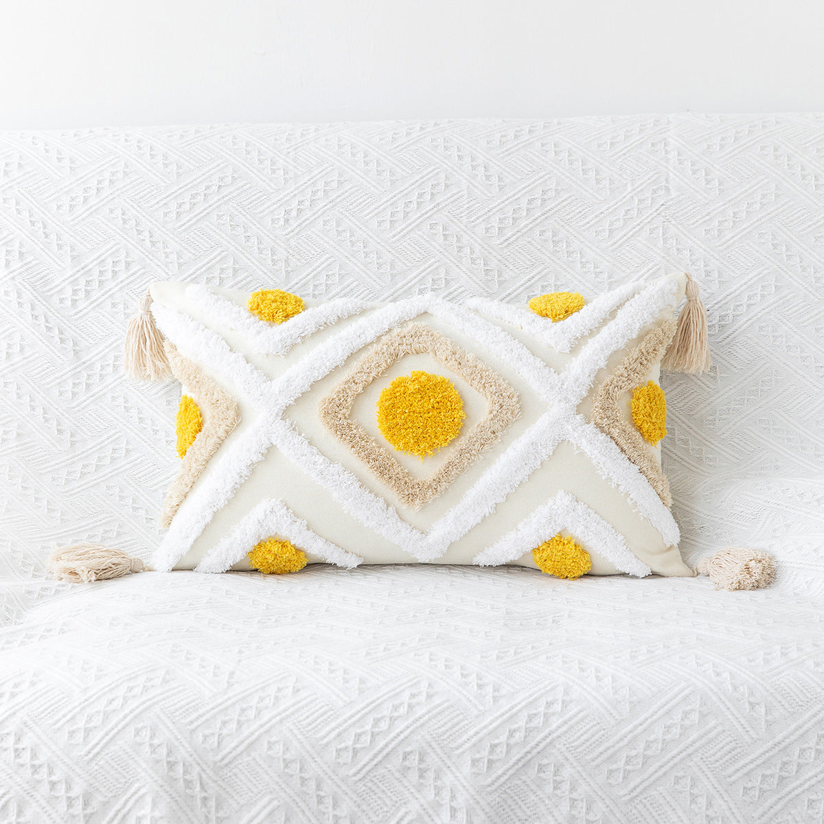HKM-170771 Bohemian Geometric Tufted Pillowcase with Embroidery and Tassels