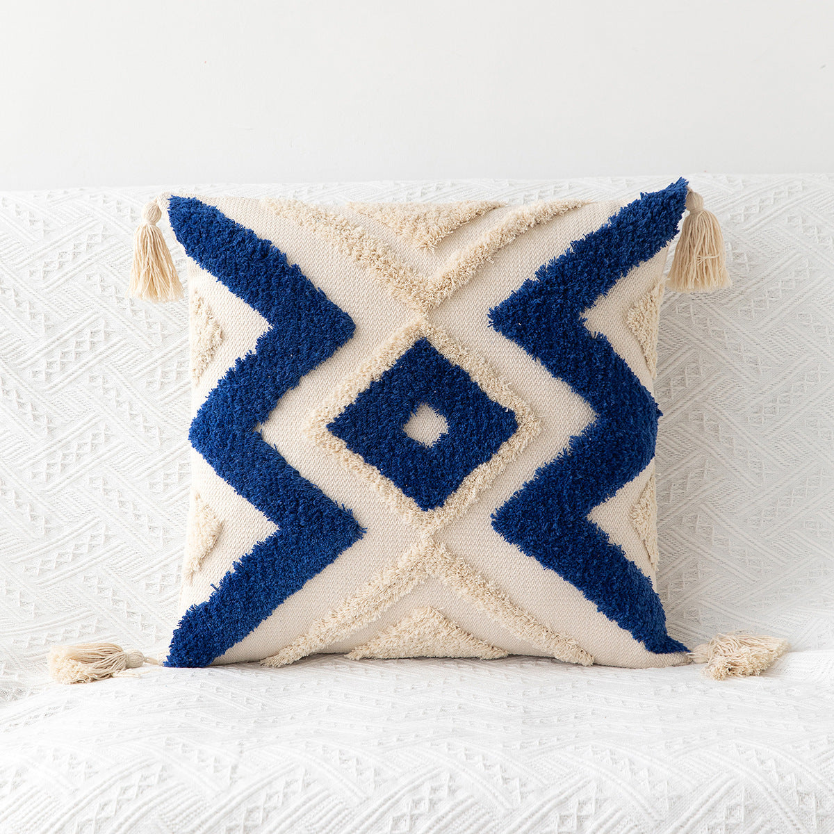 HKM-170771 Bohemian Geometric Tufted Pillowcase with Embroidery and Tassels