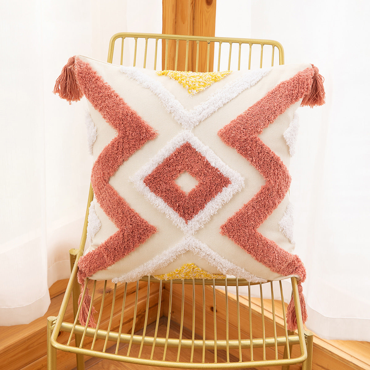 HKM-170771 Bohemian Geometric Tufted Pillowcase with Embroidery and Tassels