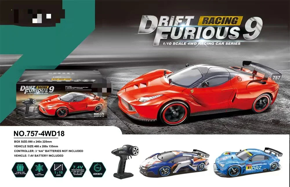 HKM-171539 Remote Control Drift Car 2.4G 1/10 Scale Four Wheel Drive 40km/h for Kids Age 5 and Up