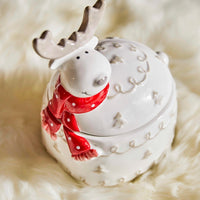 HKM-171667 Creative Elk-Shaped Ceramic Candy Storage Tank in White and Red, Ideal for Organizing Snacks and Treats