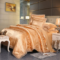 HKM-172691 Four-Piece Romantic Lace Cotton Bedding Set with Jacquard Satin Design