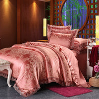 HKM-172691 Four-Piece Romantic Lace Cotton Bedding Set with Jacquard Satin Design