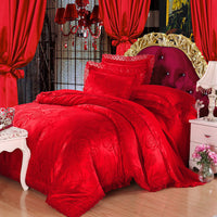 HKM-172691 Four-Piece Romantic Lace Cotton Bedding Set with Jacquard Satin Design
