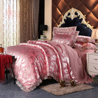 HKM-172691 Four-Piece Romantic Lace Cotton Bedding Set with Jacquard Satin Design
