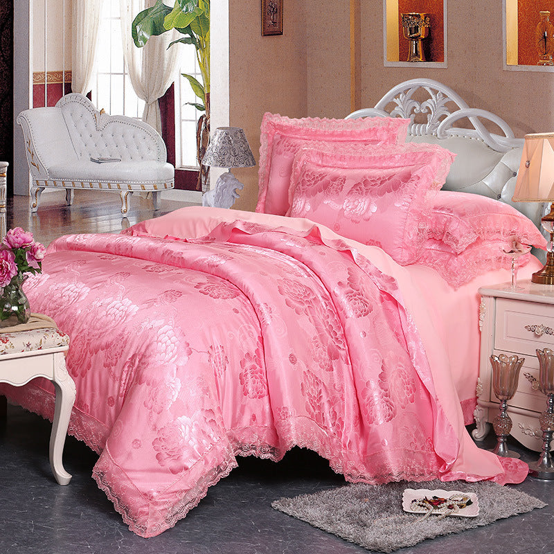 HKM-172691 Four-Piece Romantic Lace Cotton Bedding Set with Jacquard Satin Design