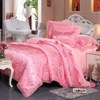 HKM-172691 Four-Piece Romantic Lace Cotton Bedding Set with Jacquard Satin Design